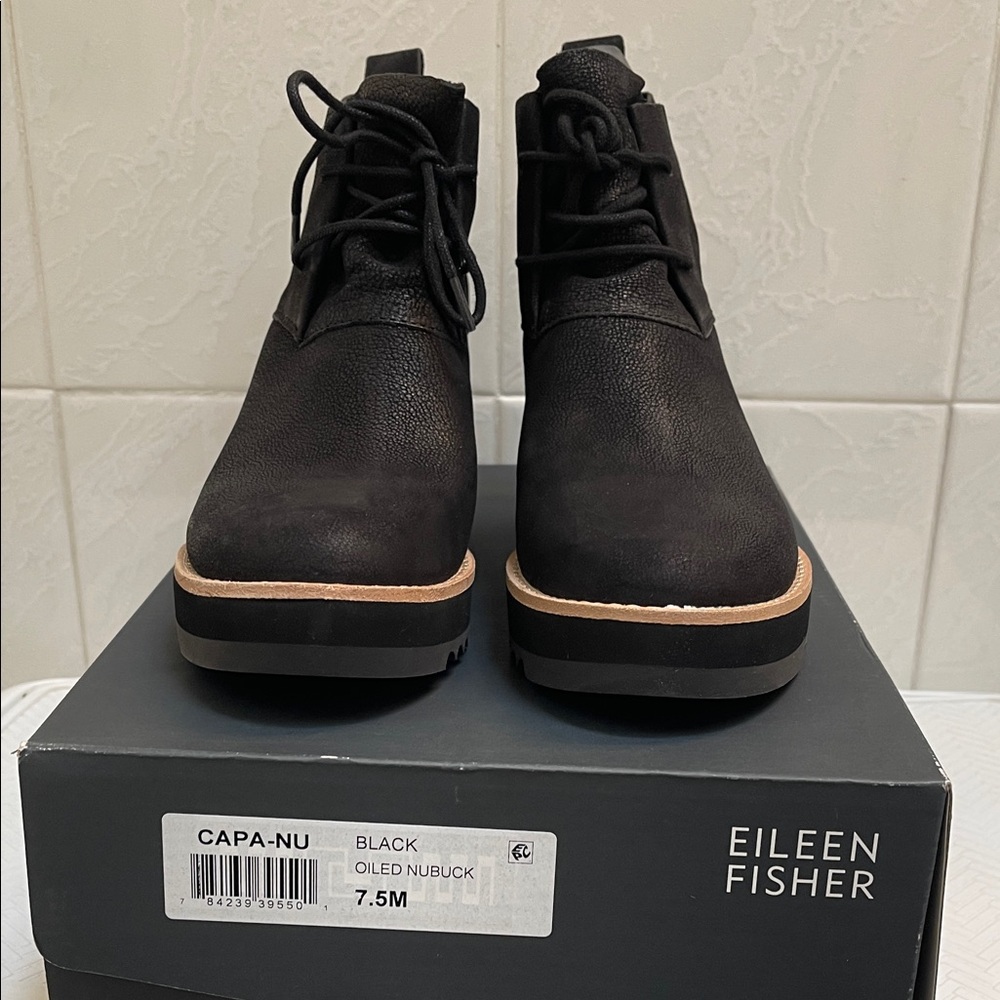New, Eileen Fisher Capa Wedge Chukka Boots, Black Oiled Nubuck, Size 7.5M